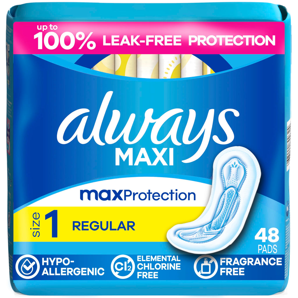 Always Maxi Unscented Pads without Wings, Regular, 48 Count