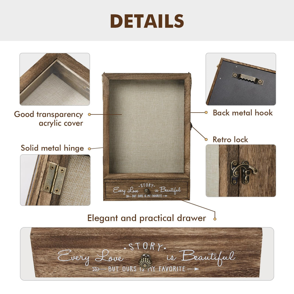 AW Bridal 11X16 Large Shadow Box Picture Frames Deep Shadow Boxes Display Cases with Removable Shelves and Drawers, Brown Wooden Memory Boxes for Keepsakes with Slot Christmas Decorations Gifts