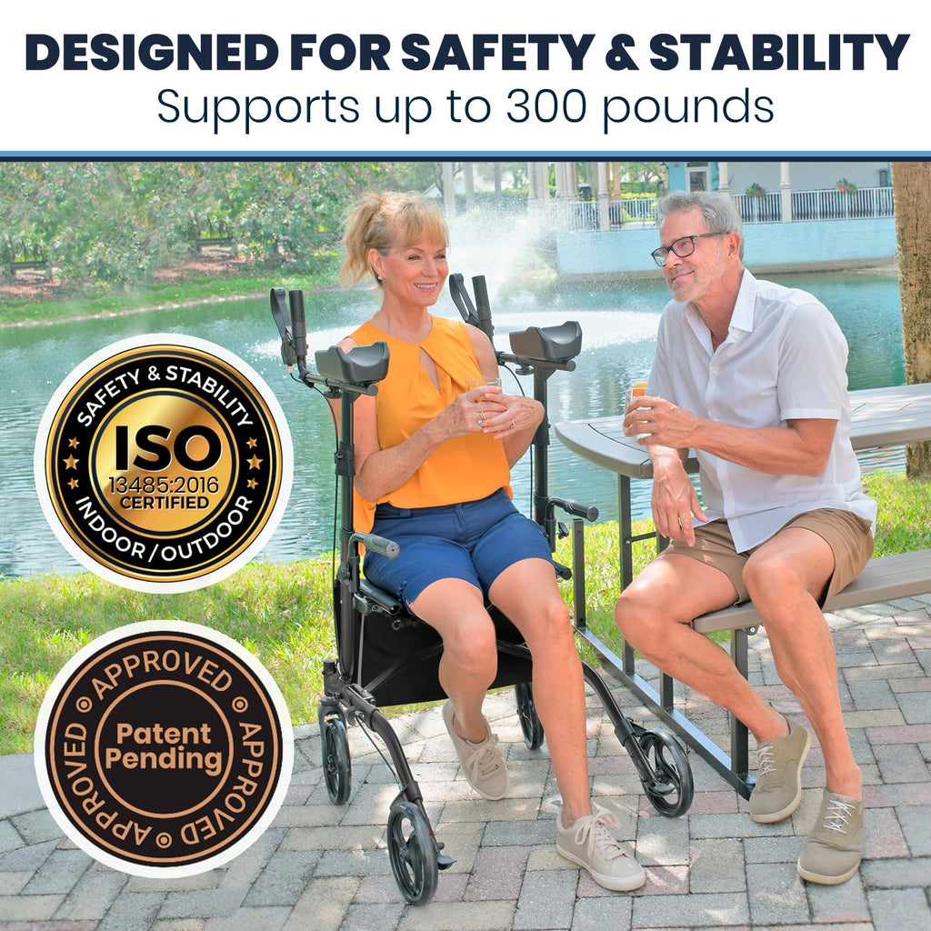 Vive Mobility Upright Walker with Seat - Stand Up Rollator, Arm Rests, Heavy Duty, Folding Medical Aid Scooter for Elderly, Seniors - Walking Assist, Foldable Transport Chair - 300 lb Capacity