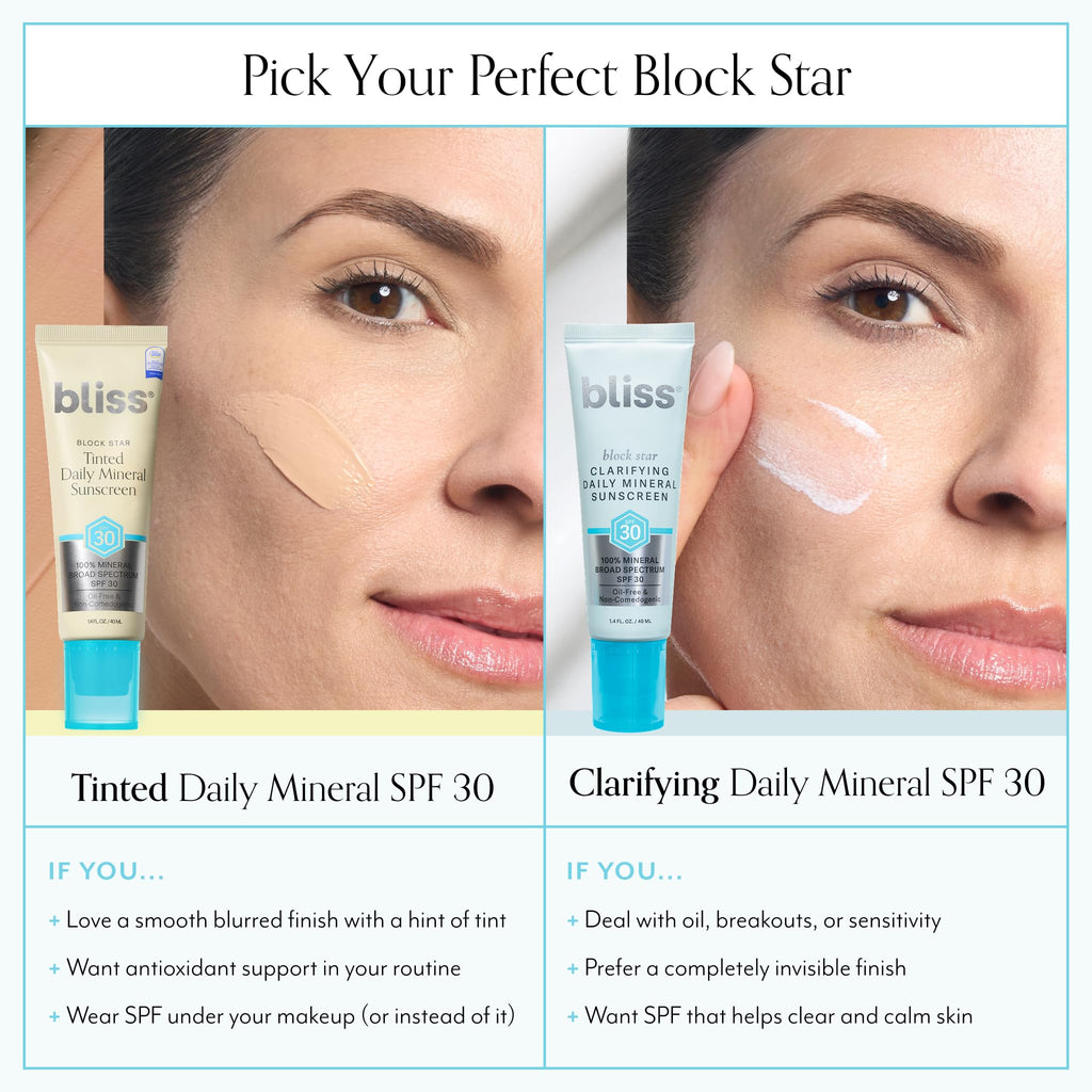 Bliss Block Star SPF 30 Daily Tinted Mineral Sunscreen with Zinc Oxide - All Skin Tones - 100% Mineral Broad Spectrum Sunscreen with Titanium Dioxide & Antioxidant Blend- 1.4 fl oz.