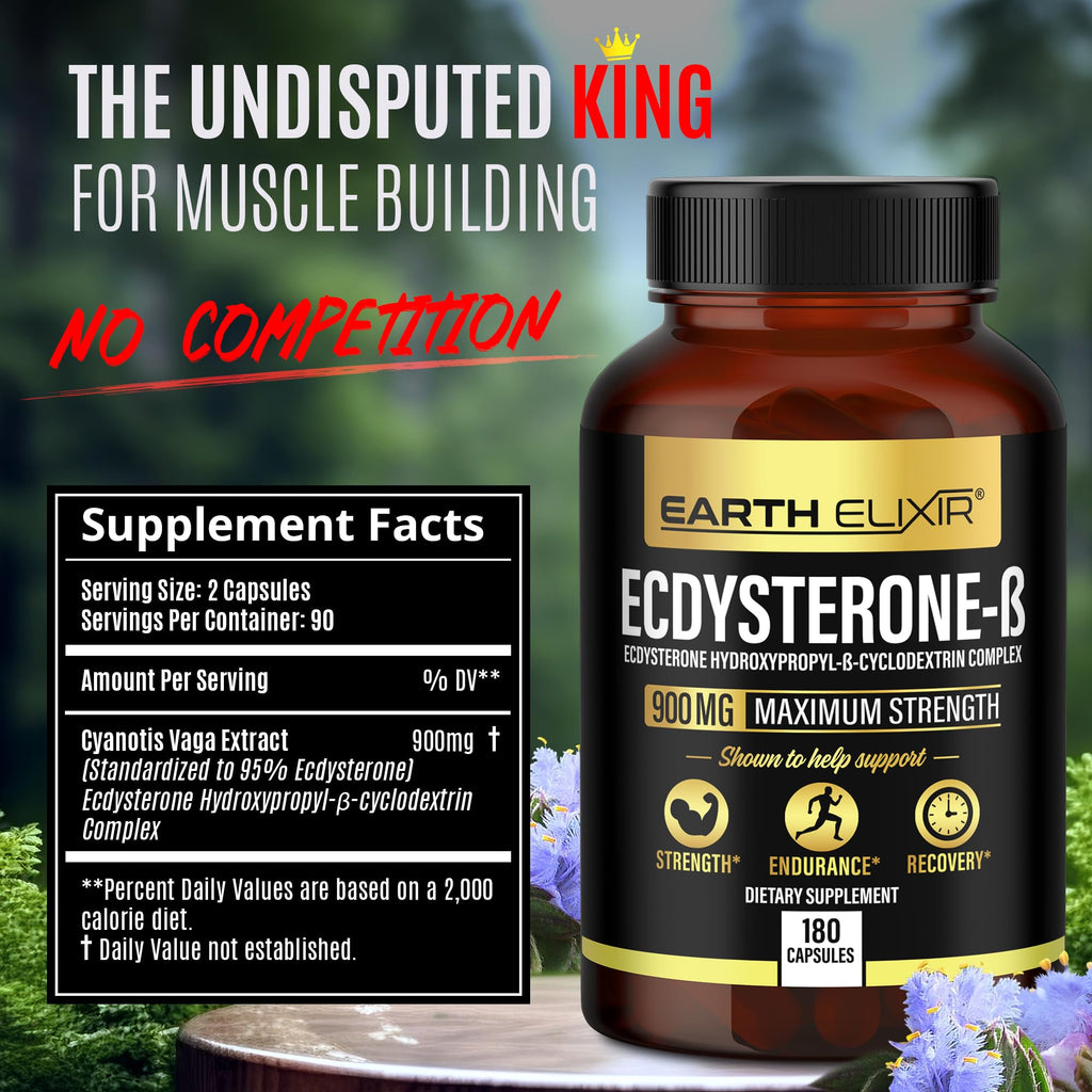 Earth Elixir Ecdysterone Supplements 900mg (180Capsules) – Made in USA - Muscle Building Supplements for Men w/ 95% Beta Ecdysterone w/Hydroxypropyl-β-Cyclodextrin for Enhanced Bioavailability