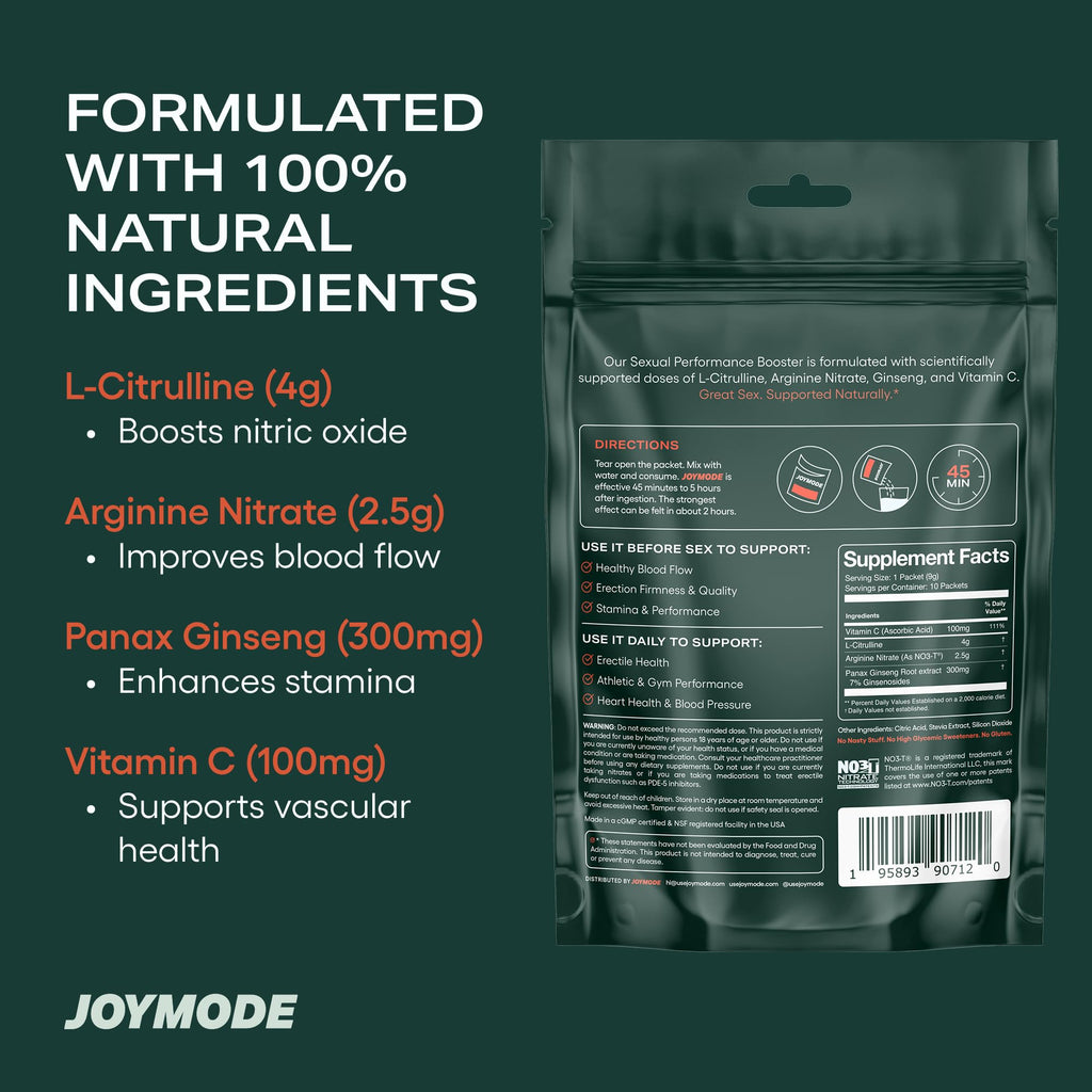 JOYMODE Performance Booster w/Arginine Nitrate, L-Citrulline, Vitamin C, and Ginseng - 10 Servings - Supports Nitric Oxide, Blood Flow, and Erection Quality