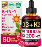 Venture Pal 5-in-1 Vitamin D3 10000 IU & K2 as MK-7 200mcg with Magnesium, MCT Oil, Zinc, Sugar-Free Vitamin D Liquid |Maximum Absorption for Bone, Mood & Immune Health - 2 FL OZ, 69 Days