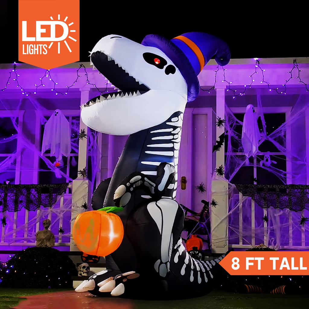 Joiedomi 8 FT Halloween Inflatable Skeleton Dinosaur with Pumpkin & Built-in LEDs, Halloween Blow Up Yard Decorations, Lighted Outdoor Dinosaur Skeleton for Garden, Lawn, Patio & Holiday Outside Decor