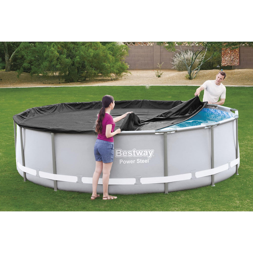 Bestway Flowclear PVC Round 14 Foot Pool Cover for Above Ground Frame Pools with Drain Holes and Secure Tie-Down Ropes, Black (Cover Only)