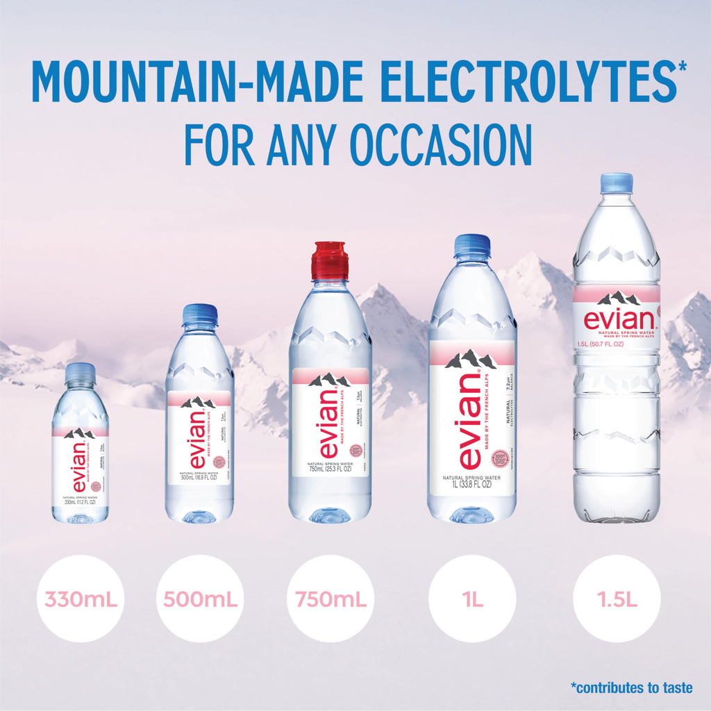 Evian Natural Spring Water (One Case of 12 Individual Bottles, each bottle is 1 liter) Naturally Filtered Spring Water in Large Bottles