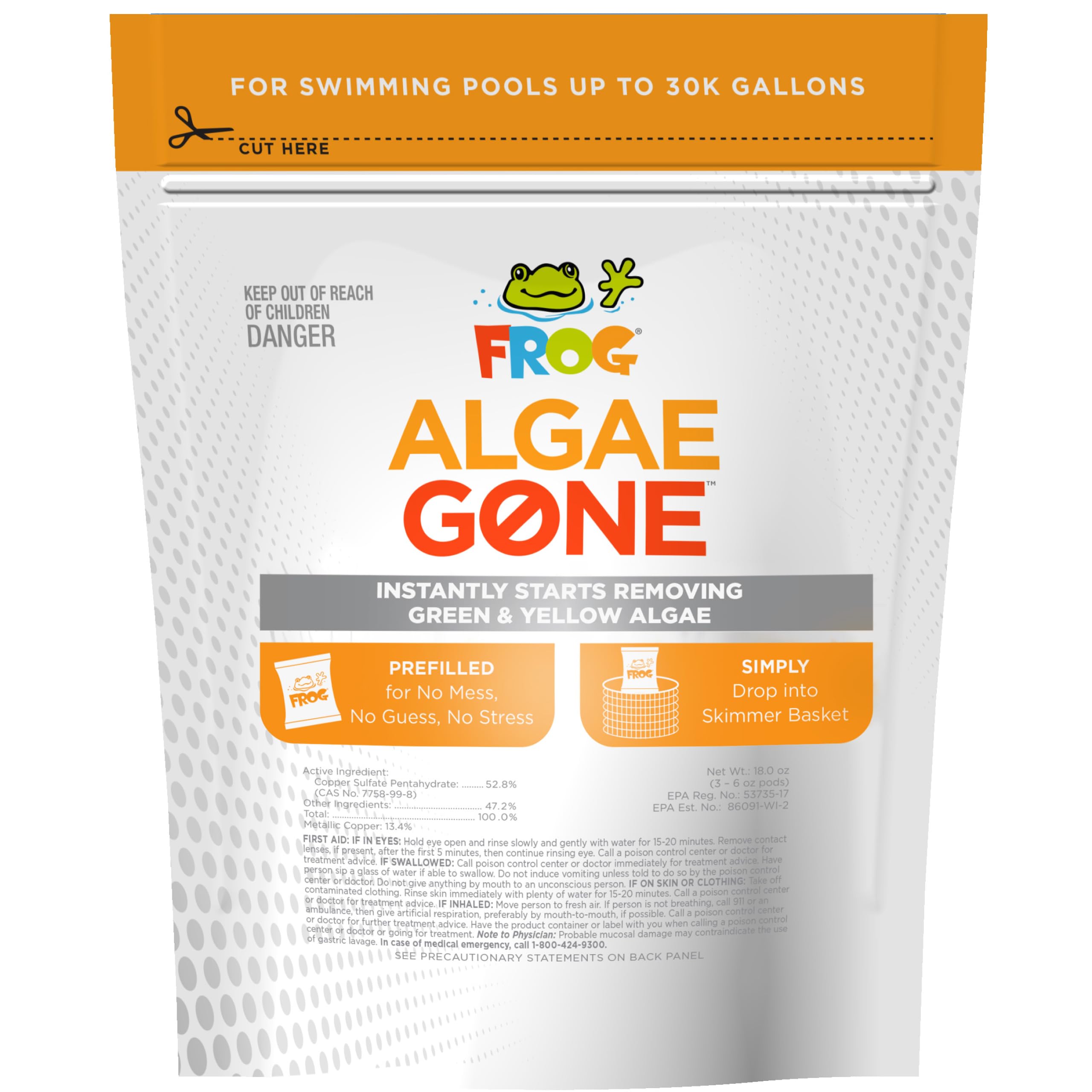 FROG Algae Gone - Dry Formula Algaecide Removes Green and Yellow Algae for In-Ground & Above-Ground Pools up to 30,000 Gallons - Chemical Pool Maintenance & Treatment - 3 Pods