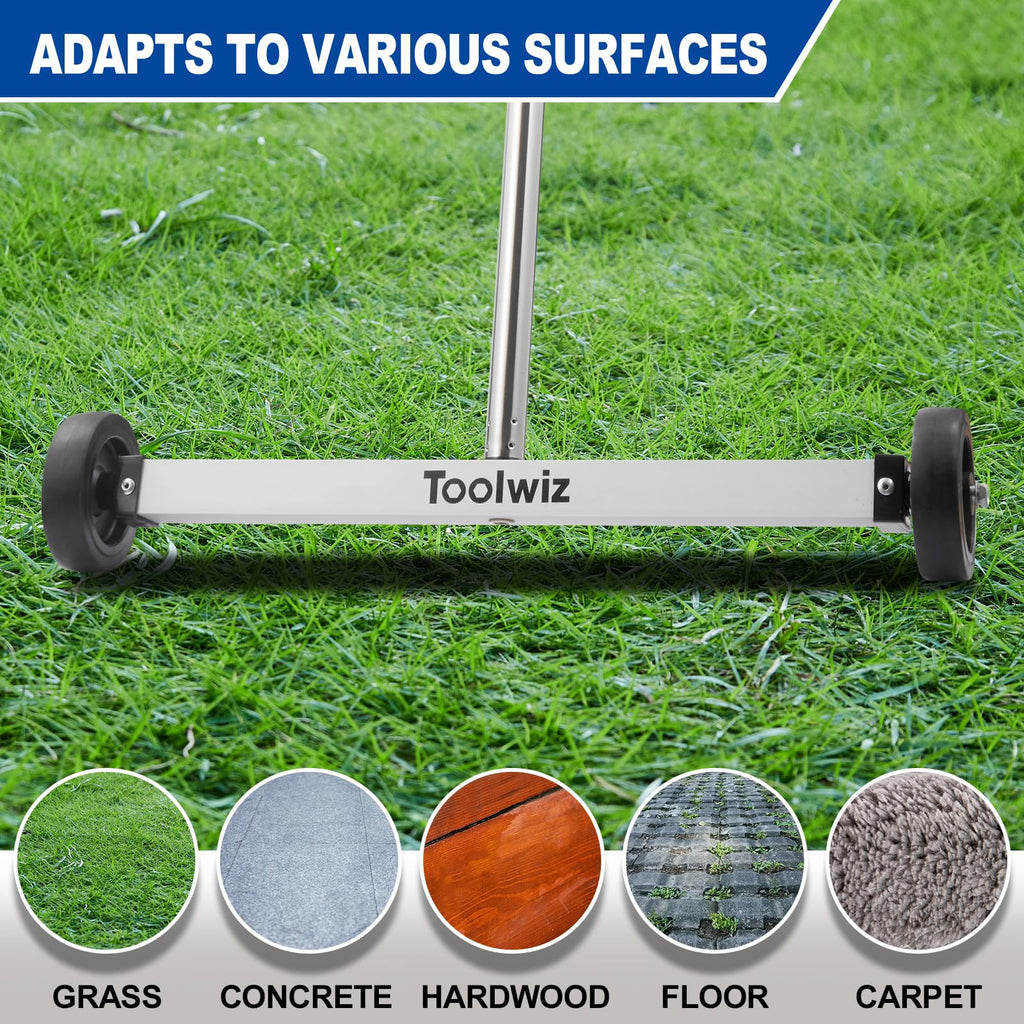 Toolwiz 17" Rolling Magnetic Sweeper 10lbs, with 8 lbs Telescopic Magnetic Pick Up tools with LED light–Lightweight Pick-up Sweeper with Wheels for Nails, Screws & Metal Debris Home Use Workshop