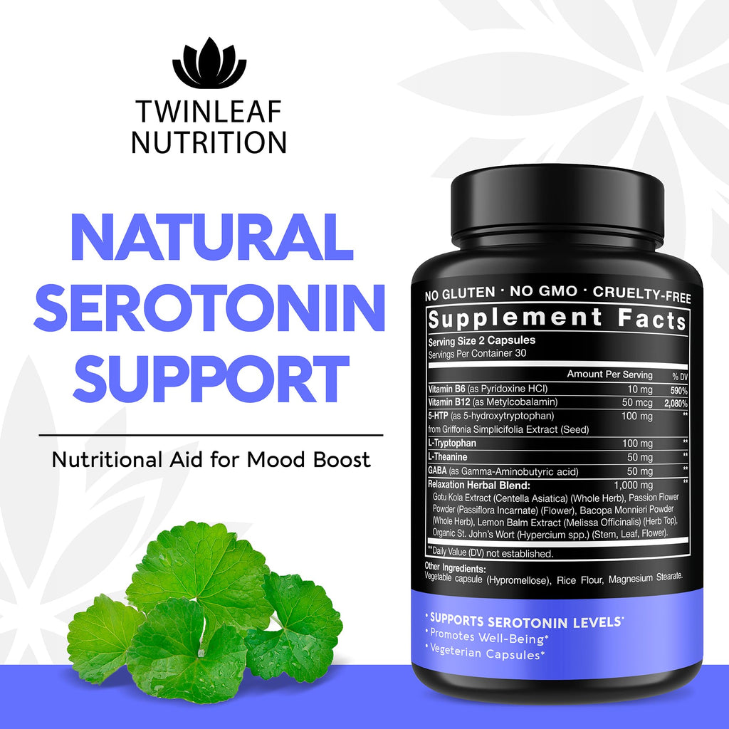 Natural Serotonin Supplement - Made in USA Manganese Serotonin & Cortisol Manager - Serotonin Booster Vitamin Supplement for Women with 5-HTP Vitamin B6 B12 GABA L Theanine L Tryptophan - 60 Capsules