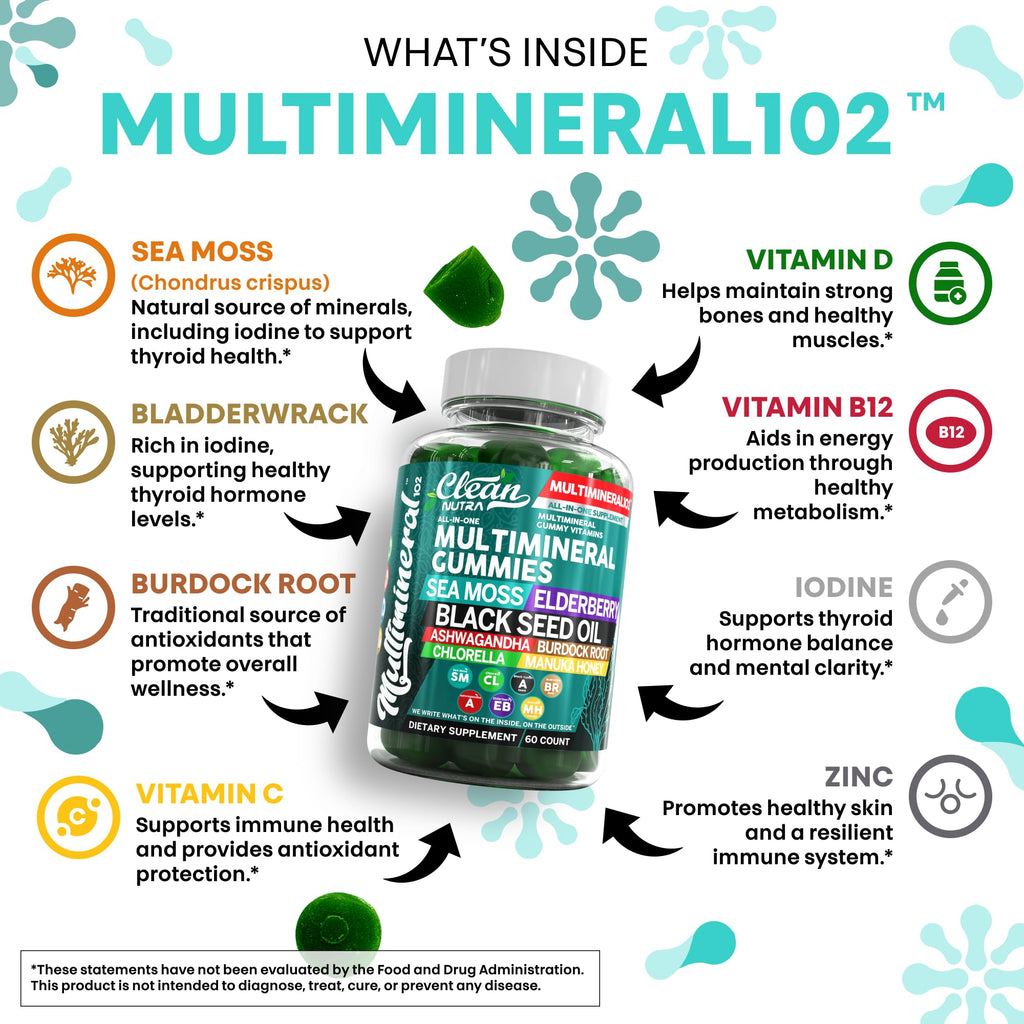 Sea Moss Gummies | Clinically Tested - Black Seed Oil Ashwagandha Elderberry Burdock Root Chlorella Manuka Honey - Vegan Irish Sea Moss Gummy Vitamins for Adults Kids Men Women - Green Apple Flavor