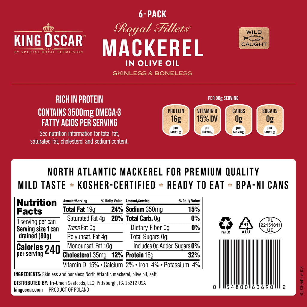 King Oscar Mackerel in Olive Oil, 4.05 oz Can, 6-Pk, Wild Caught