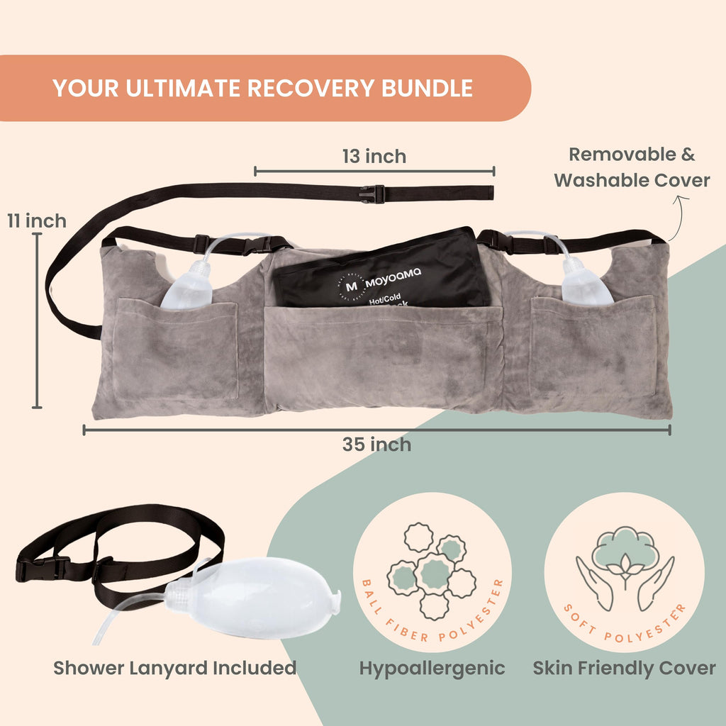 MOYOAMA Post Mastectomy Pillow –4 Pcs Protective Kit incl 1 Gel Pack, Seatbelt Cushion, Shower Lan- Breast Surgery Must Haves,Breast Reduction Recovery Supplies, Breast Augmentation,Post Op Essentials