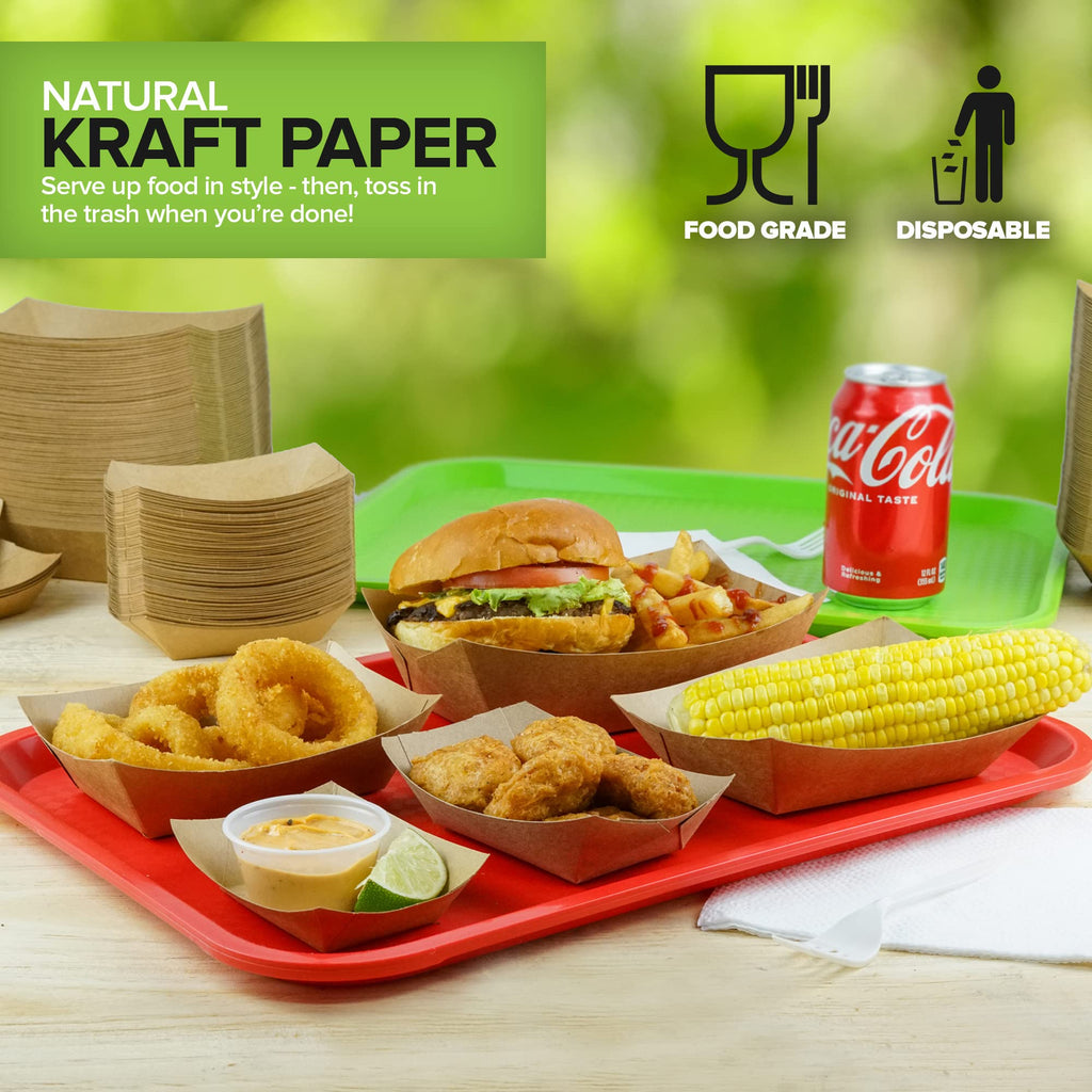 Stock Your Home [250 Pack] Medium Disposable Brown Kraft Paper Food Trays, 1-Lb Concession Tray, Serving Boats for Party Snacks, Taco Bar, Seafood, Nachos Plates