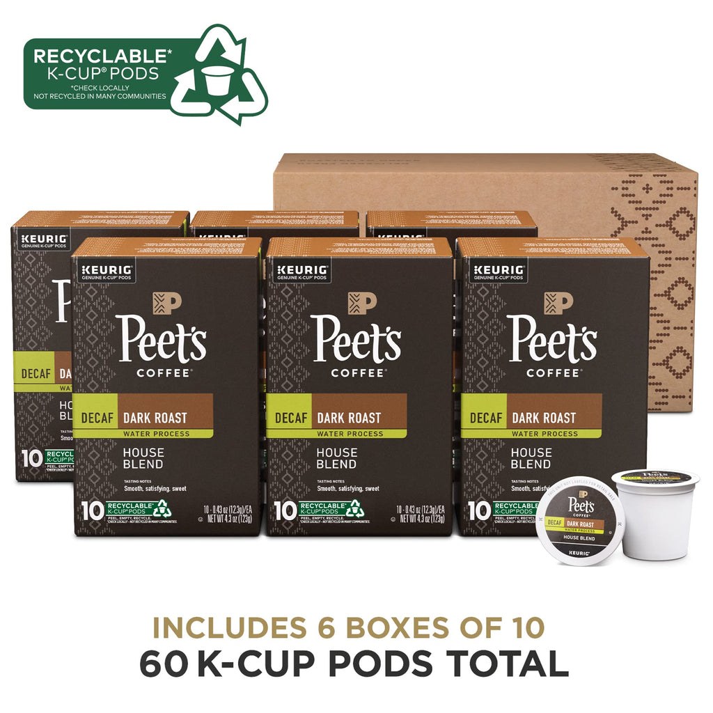 Peet's Coffee, Dark Roast Decaf Keurig K-Cup Pods, Decaffeinated Arabica Coffee - Decaf House Blend 60 Count (6 Boxes of 10 K-Cup Pods)