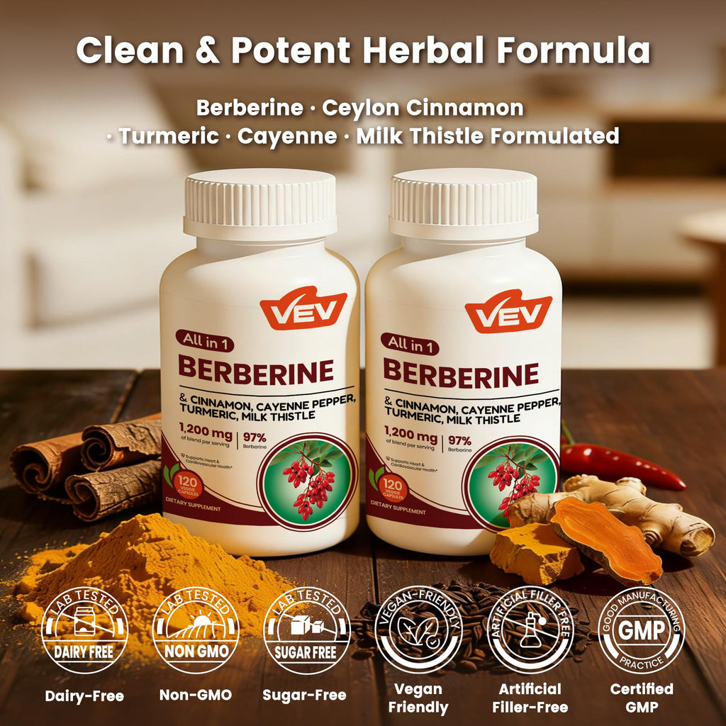 VEV Berberine Supplement with Ceylon Cinnamon for Daily Wellness Support– 2 Bottles (240 Capsules Total)
