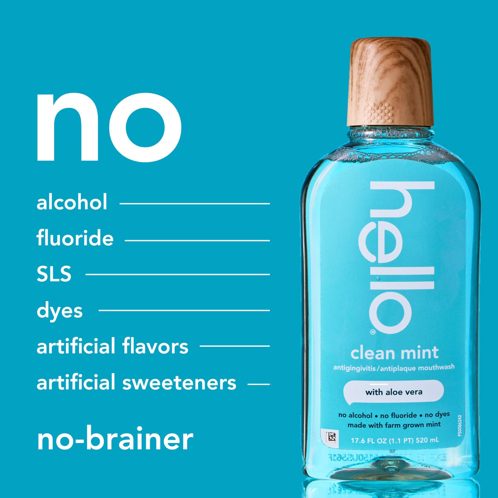 Hello Antiplaque Whitening Fluoride Free Toothpastes and Clean Mint Alcohol Free Mouthwash Bundle Pack, Whitening Toothpaste and Antigingivitis Gum Mouthwash Pack, No Alcohol for Zero Burning