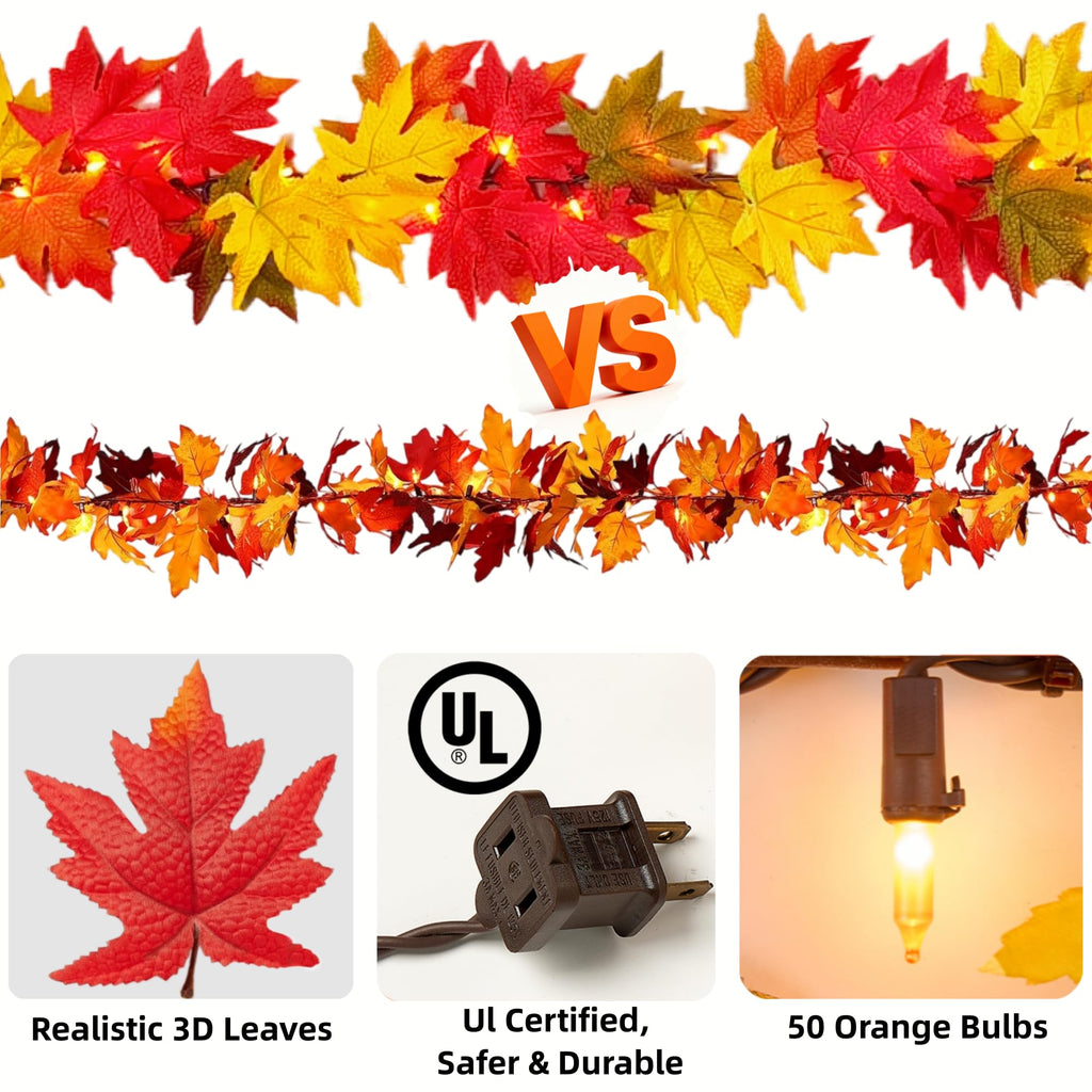 Fall Decorations for Home 9Ft Plug in Fall Garland with Lights Lush and Thicker Large Leaves, 50 Orange Bulbs Prelit Connectable UL Certified Fall Lights for Autumn Thanksgiving Halloween Decorations