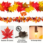 Fall Decorations for Home 9Ft Plug in Fall Garland with Lights Lush and Thicker Large Leaves, 50 Orange Bulbs Prelit Connectable UL Certified Fall Lights for Autumn Thanksgiving Halloween Decorations
