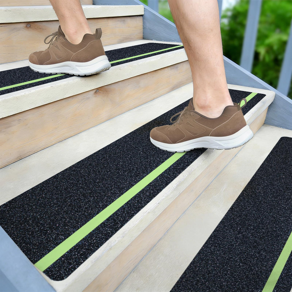 LifeGrip Outdoor Stair Treads Non-Slip 12 Pack, 6"x32" Glow in Dark Stripe Waterproof Grip Tape for Wooden Steps, Deck, Porch - 80-Grit Adhesive Strips for Dogs, Kids & Elderly Safety