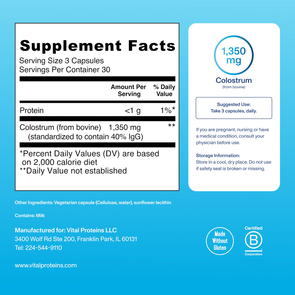 Vital Proteins Bovine Colostrum Supplement 90 Capsules for Gut Health, Immune Support with 40% IgG Premium Bovine Colostrum Superfood, Unflavored, 30 Servings