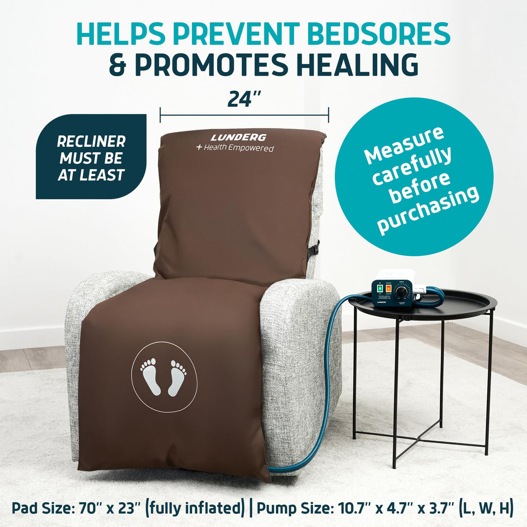 Lunderg Alternating Air Pressure Pad for Recliner Chair - Pressure Relief Cushion Topper for Recliner - Bed Sore Prevention - Medical Grade Mattress Pad, Cover & Quiet Pump - Home or Hospital (Coffee)