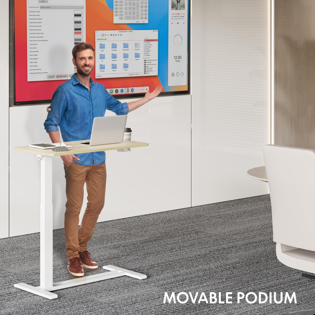 FLEXISPOT H7 Adjustable Overbed Bedside Table with Wheels Pneumatic Mobile Standing Desk Laptop Desk Rolling Computer Cart Movable Overbed Tables Hospital Home Use(27.6" W x 15.7" D, White Wood Grain)
