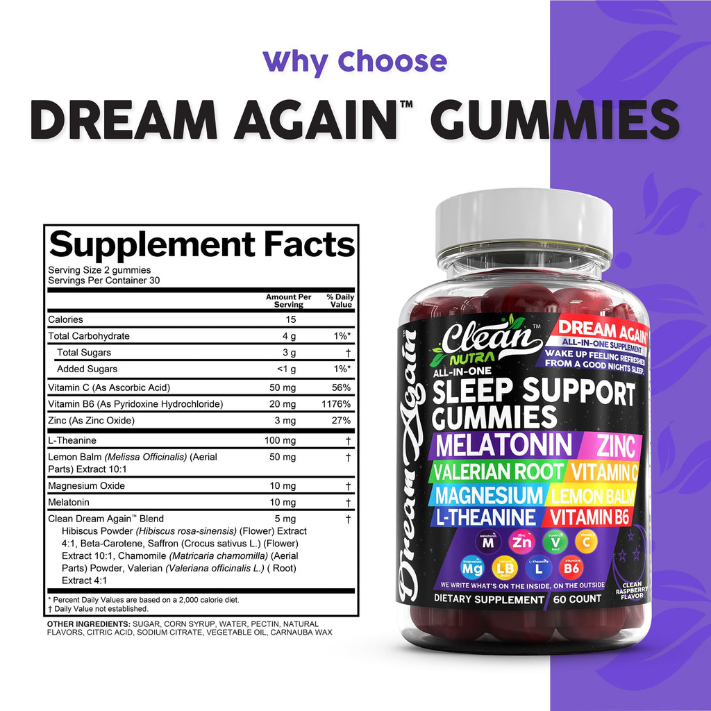 Clean Nutra Melatonin Gummies 10mg | Sleep Aid Valerian Root L-Theanine Vitamin B6 C Lemon Balm Magnesium Hibiscus Beta Carotene Saffron & Chamomile Rest Support Supplement Raspberry Flavor