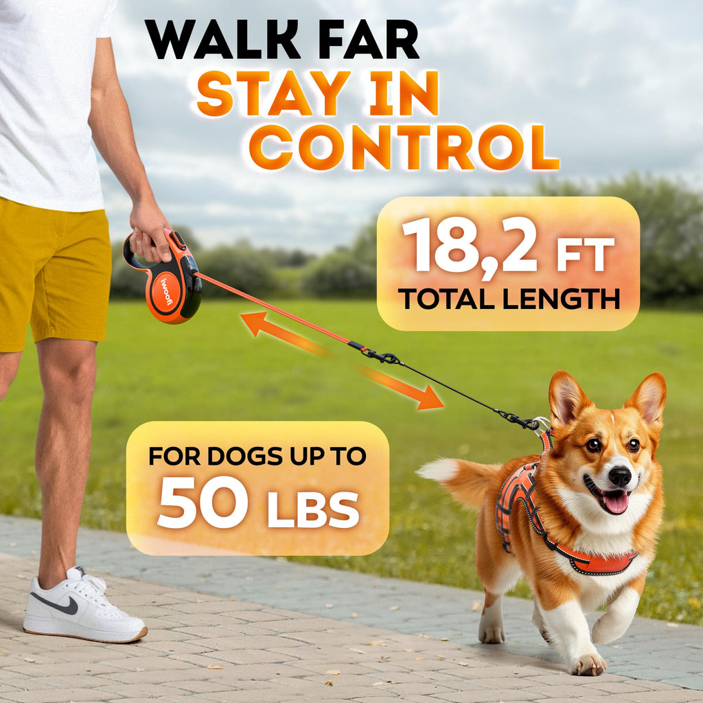 Retractable Dog Leash 18.2 ft – Chew Proof Cable Included – 360° Tangle-Free Design – Heavy Duty Reflective Leash – Soft Anti-Slip Grip Outdoor Daily for Dogs 10-50 lbs (Blue)