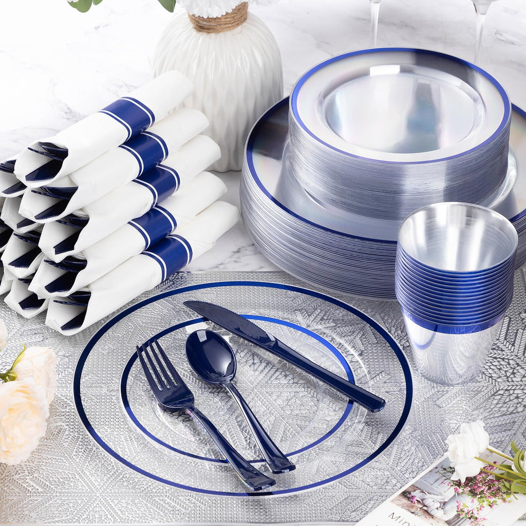 Goodluck 350 Pcs Clear Blue Plastic Plates Disposable for Party 50 Guests