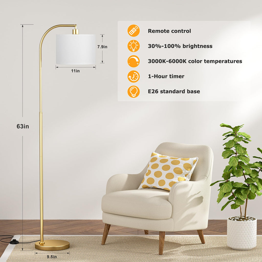 Ambimall Arc Floor Lamp with Remote and Stepless Dimmable Bulb, Colors Temperature & Brightness Adjustable, Floor Lamps for Living Room（White Shade & Gold Pole）