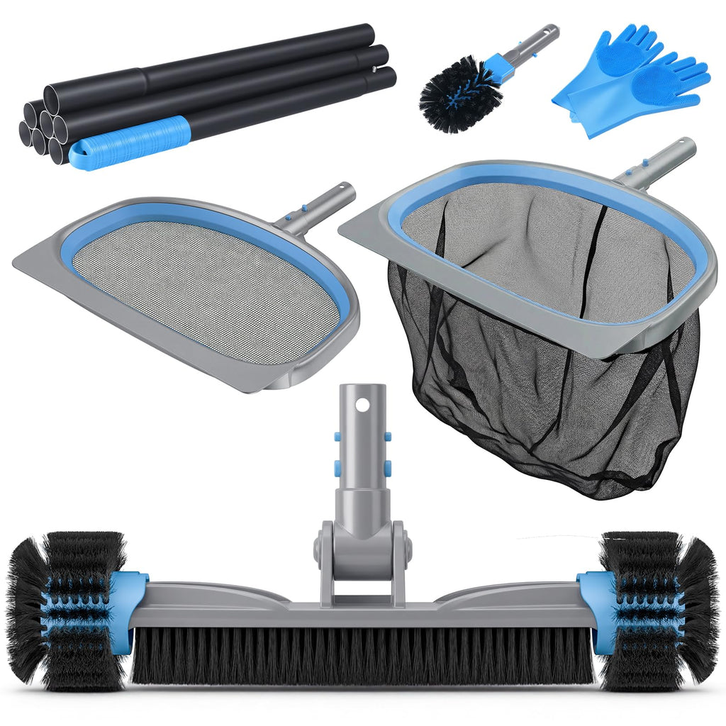 UIRWAY 6-in-1 Deluxe Swimming Pool Cleaning Kit - Includes Detachable Pool Brush, Deep Leaf Skimmer & Fine Mesh Net, Small Brush, Gloves, Adjustable Aluminum Pole Inground & Above Ground Cleaning