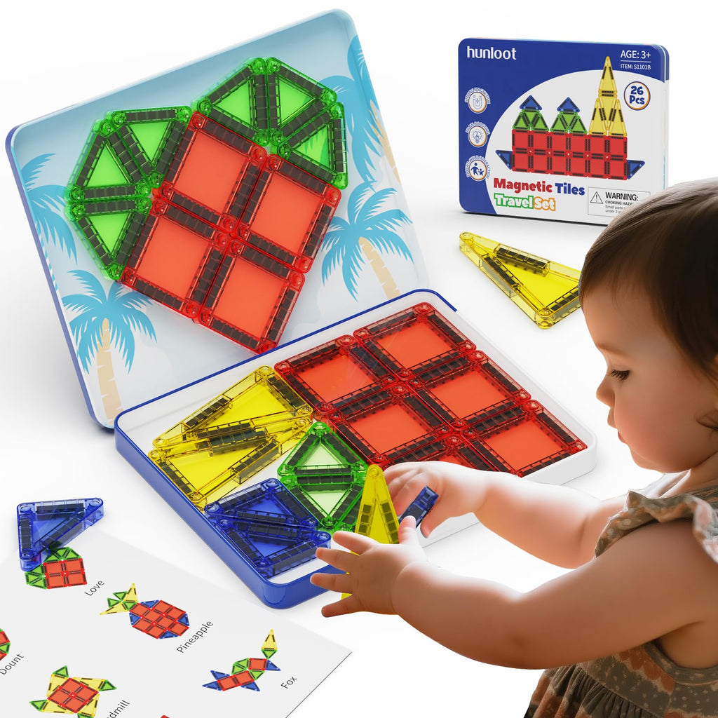 hunloot Magnetic Tiles Mini Building Blocks STEM Toys for 3-8 Year Olds,Travel-Friendly Set with Storage Iron Box,Educational Construction Playset for Toddlers,Birthday Gift for Boys & Girls
