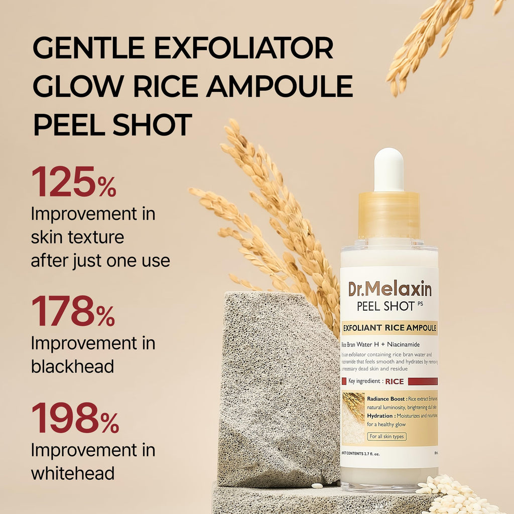 Dr.Melaxin Peel Shot Glow White Rice Peeling Ampoule with Rice Extract & AHA BHA, Gentle Exfoliating Serum for Sebum Control, Niacinamide & Hyaluronic Acid, Korean Skincare, 2.71 fl.oz