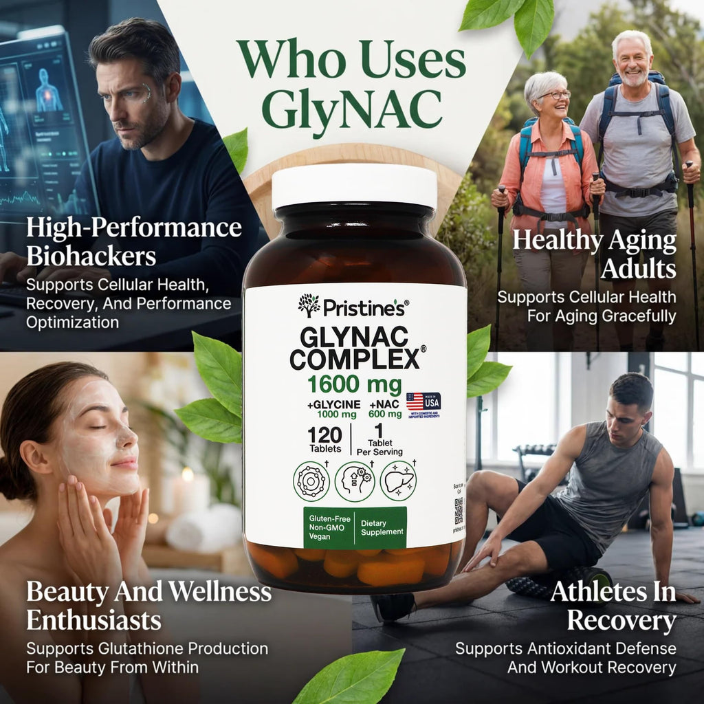 PRISTINE'S GlyNAC Complex Glutathione Production Supplement Tablets - 3rd Party Tested Anti Aging, Sleep Quality & Cognitive Support Supplement - Glycine & NAC Gluten Free Non GMO USA Made