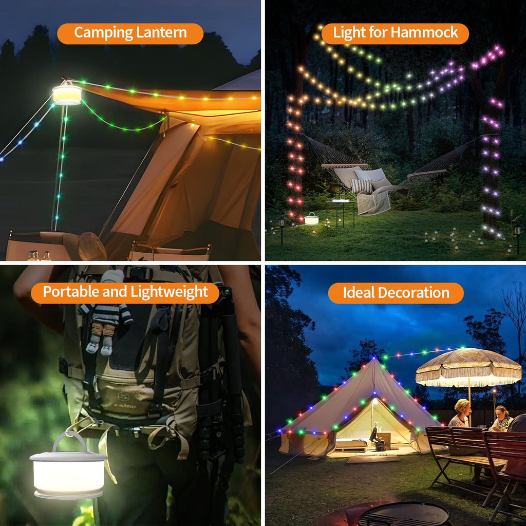 TOHETO 2-Pack Camping String Lights, 3 in 1 Upgraded Retractable RGB Outdoor String Lights with 19 Lighting Modes, Quick 30s Recovery, 32.8 FT Portable Tent Light, Rechargeable Camping Lantern (White)