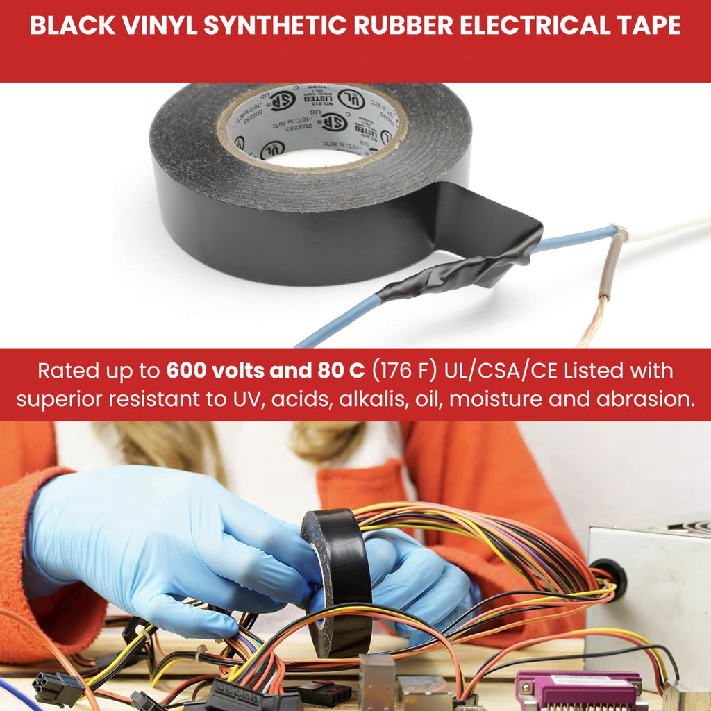 GGR Supplies T.R.U. EL7566-AW Professional Grade Rubber Black PVC Electrical Tape, Rated up to 600 Volts and 176 F - UL/CSA/CE Listed Synthetic: 3 in. x 66 Ft. (8 Mil)