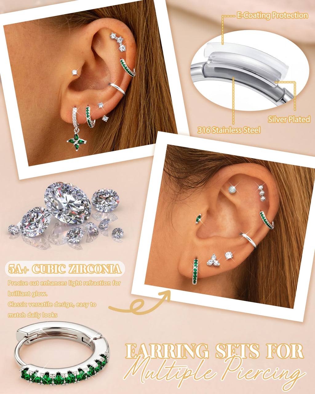 MILACOLATO Hypoallergenic Flat Back Earrings Silver Cartilage Earring Sets for Multiple Piercing 20G Surgical Stainless Steel Earrings for Women Trendy Earring Stacks Small Hoop Flatback Stud Earrings SG