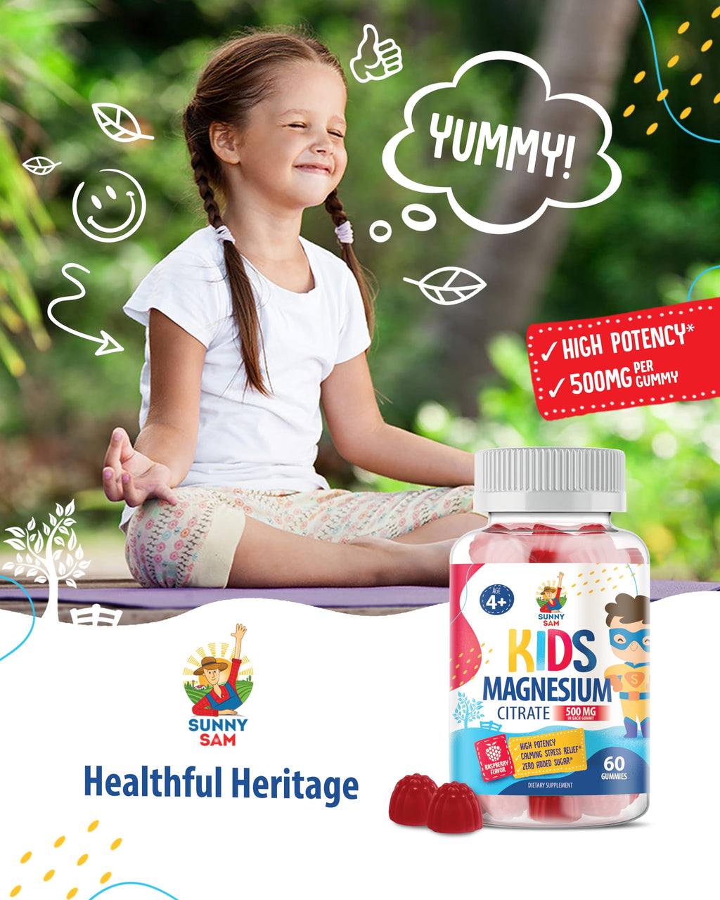 Sugar-Free Magnesium Gummies for Kids & Teens - 500mg Calm Magnesium Citrate Gummies - Kids Magnesium Gummy - Chewable Magnesium Gummy Supplement for Sleep, Mood & Muscle Support - 2Pack