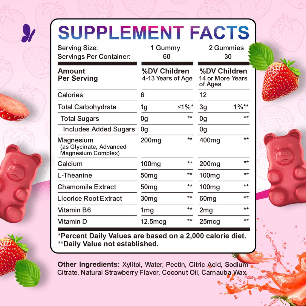 2 Pack Magnesium Gummies for Kids - Magnesium Glycinate Gummies with L-Theanine, Chamomile, Licorice, Vitamin B6, D for Kids & Adults Sleep, Muscle Relief & Nerve Bone - Strawberry 120ct