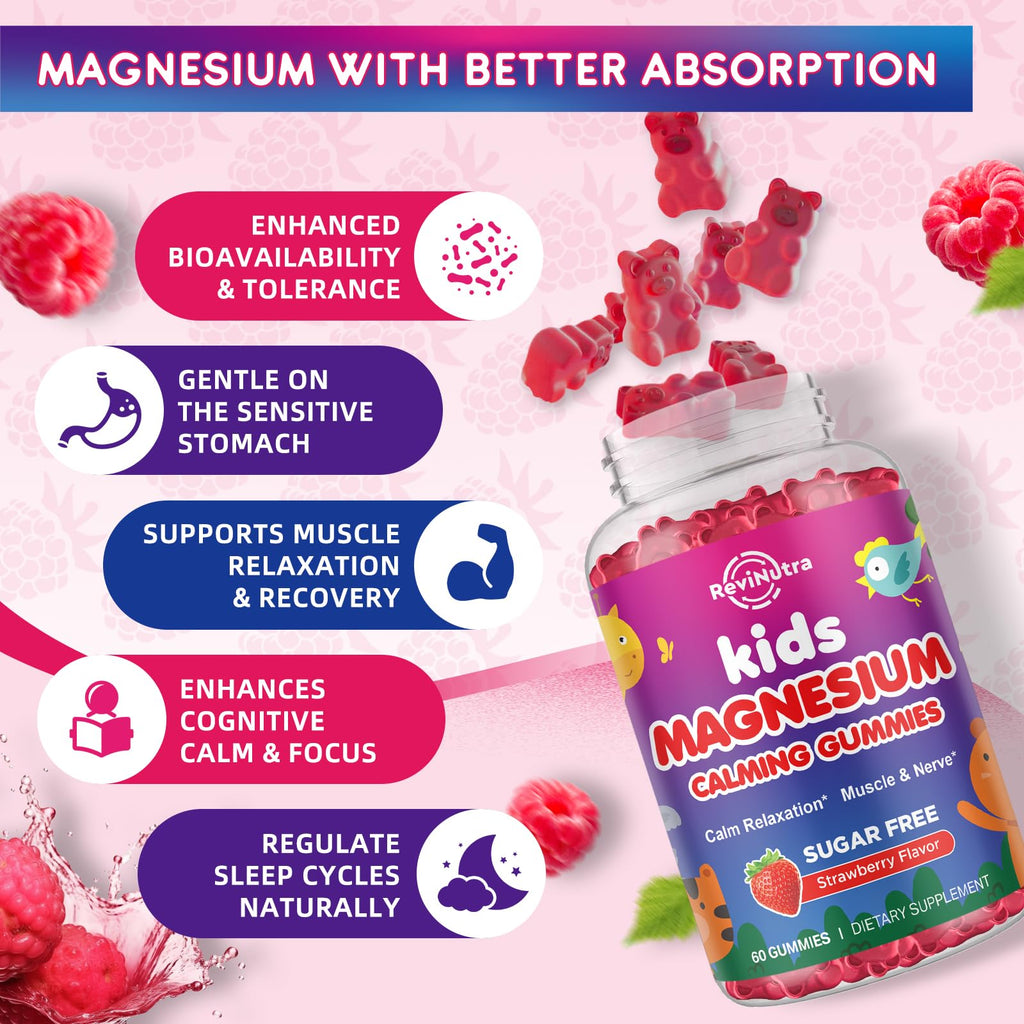 2 Pack Kids Magnesium Gummies, Magnesium Glycinate Gummies for Kids & Adults with L-Theanine, Chamomile, Vitamin D, B6 for Sleep, Relaxation, Brain & Muscle, Sugar Free Raspberry
