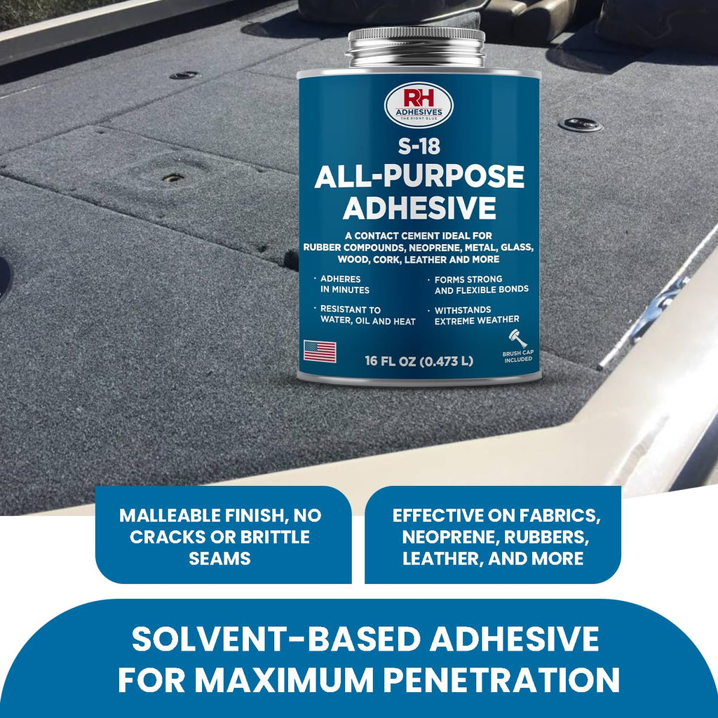 S-18 All-Purpose Adhesive, 16 oz. can - Multi-Purpose, Rubber, Metal, Leather, Felt, Wood, Neoprene, Glass, Flexible, Waterproof, Long Lasting - RH Adhesives