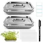 2 Pack Stainless Steel Seed Sprouter Trays, 2-Tier Soil-Free Microgreens Growing Kit, Sprouting Tray with Cover Lids & Mesh Pads for Sprouts Beans Alfalfa Wheatgrass (10.6" * 7.9" * 1.9")