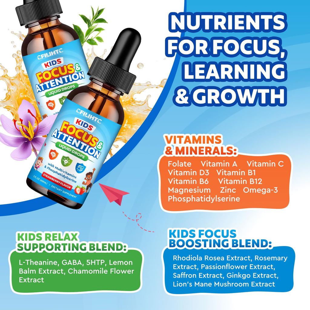 Kids Focus and Attention Supplements with Phosphatidylserine, Omega-3, Magnesium Glycinate & L-Theanine, Brain Vitamins Liquid Drops for Kids Memory, Cognitive, Sleep, Calm & Mood, Strawberry, 2 Fl Oz