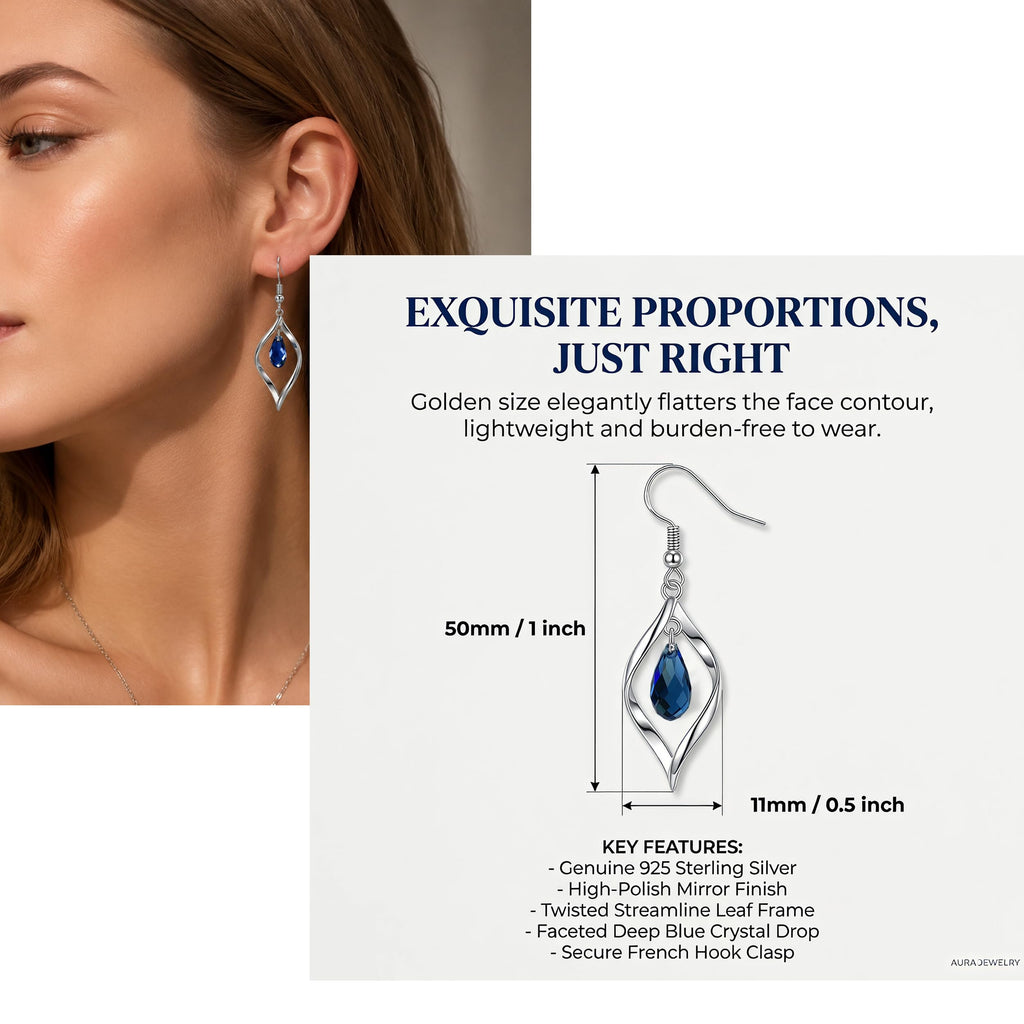 Silver Drod Dangle Earrings with Sapphire Teardrop Crystal for Women