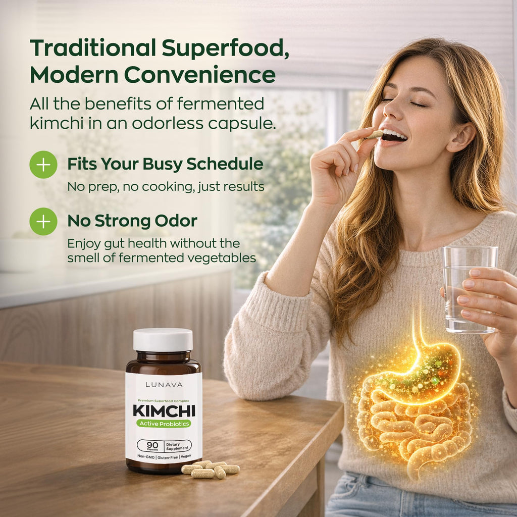 LUNAVA Kimchi Capsules with Prebiotics & Probiotics, Fermented Kimchi Superfood Supplement, Gut Health Supplements, One Complete Formula for Digestive and Immune Support, 90 Vegan Capsules
