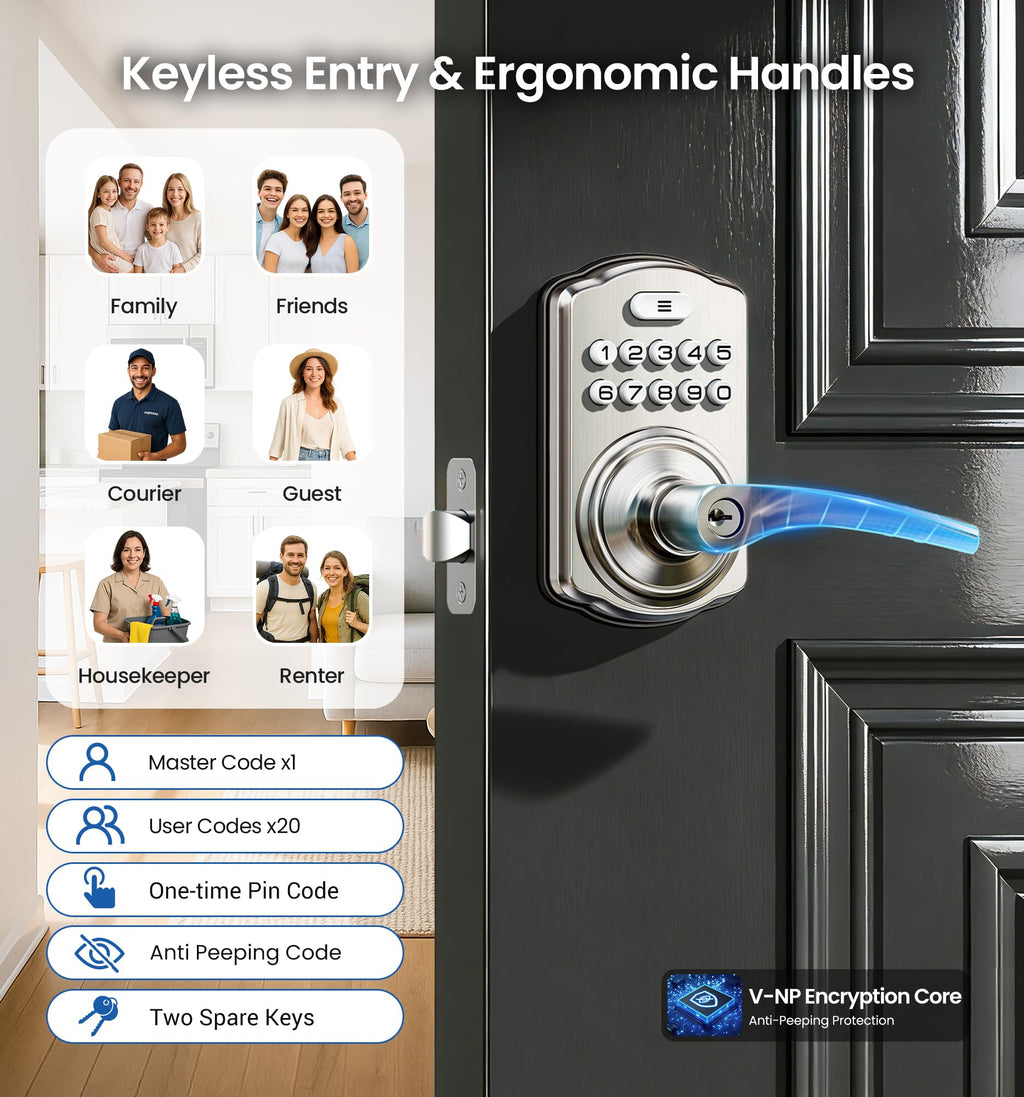Veise Keypad Door Lock with Handle, Keyless Entry for Front Door & Bedroom, Electronic Lock with Code, Auto-Locking, Easy Installation, Passage Mode, Satin Nickel