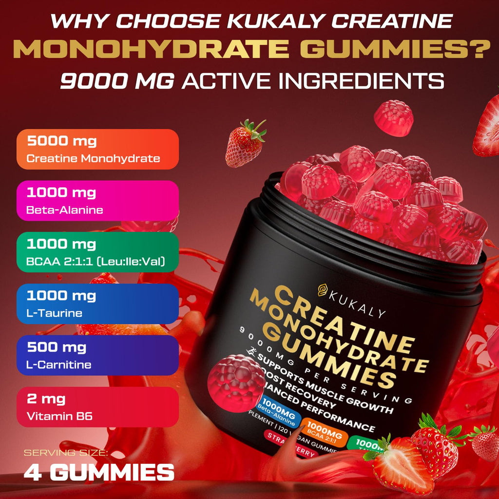 ZyterX Creatine Monohydrate Gummies for Men & Women, 9000MG Creatine Gummies Sugar Free with L-Taurine, BCAA 2:1, B12 B6 for Boost Strength, Focus & Endurance, Vegan, Non-GMO, Strawberry, 120pcs