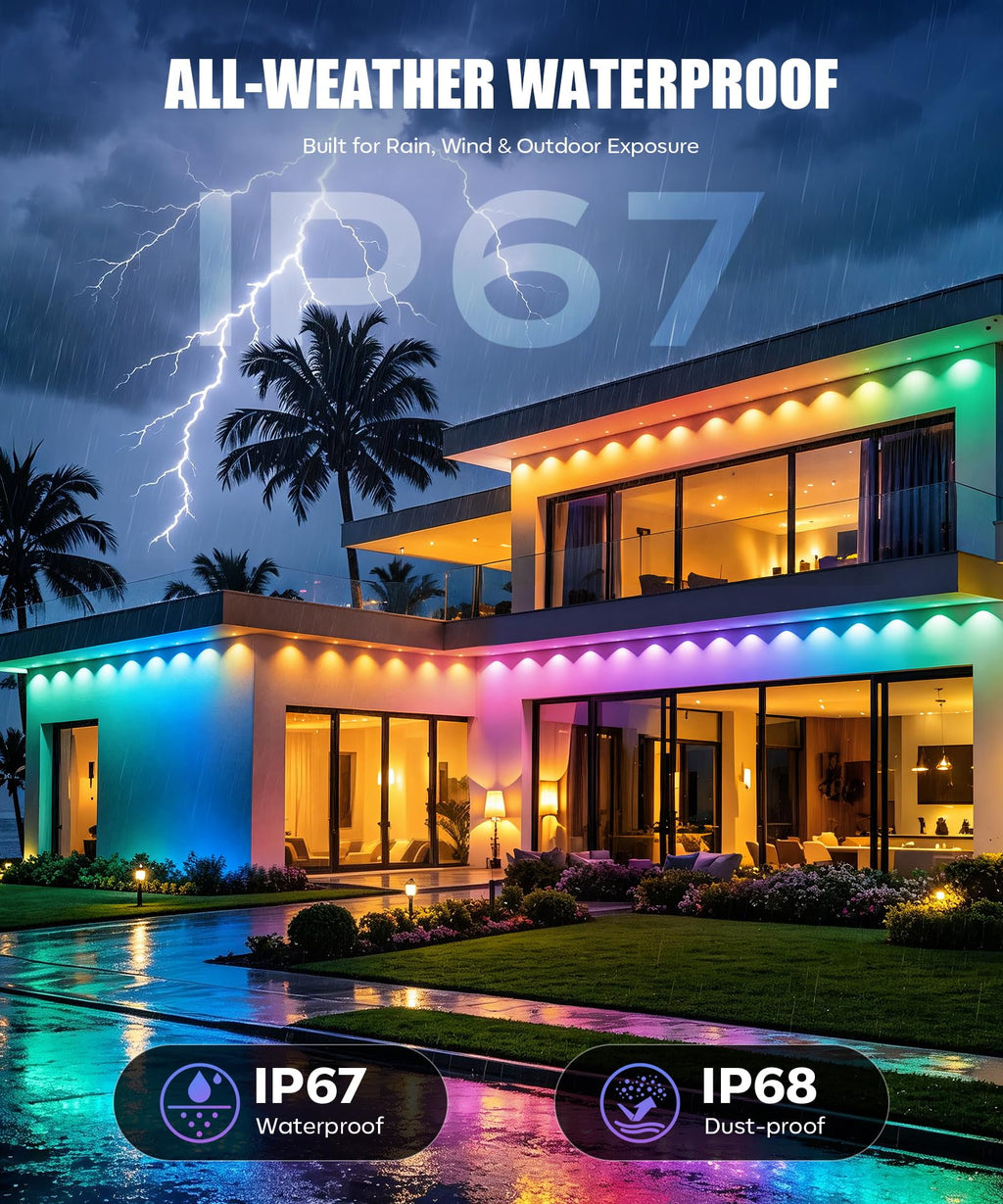 POOFZY Permanent Outdoor Lights 100FT, RGB+IC Smart Outdoor Lights for House, App & Voice Control, Waterproof Outdoor Eave Lights for Christmas Holiday Patio Yard Decor