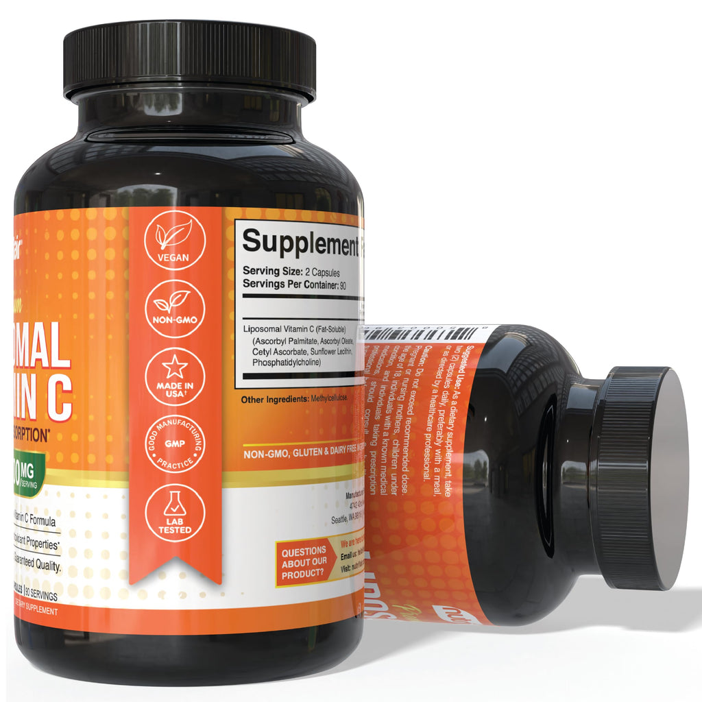 NutriFlair Liposomal Vitamin C 1700mg, 180 Capsules - High Absorption, Fat Soluble VIT C, Higher Bioavailability Immune System Support & Collagen Booster, Non-GMO, Vegan Pills