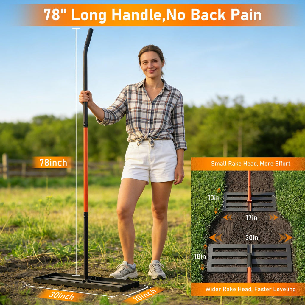 Lawn Leveling Rake, 30"x10" Leveler with 78" Adjustable Handle
